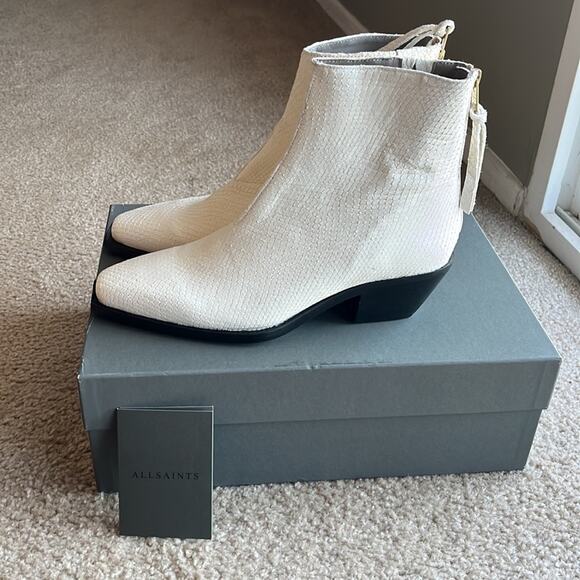 ALL SAINTS Lenora Snake Embossed
White Leather Western cowgirl boho Booties - Picture 1 of 12